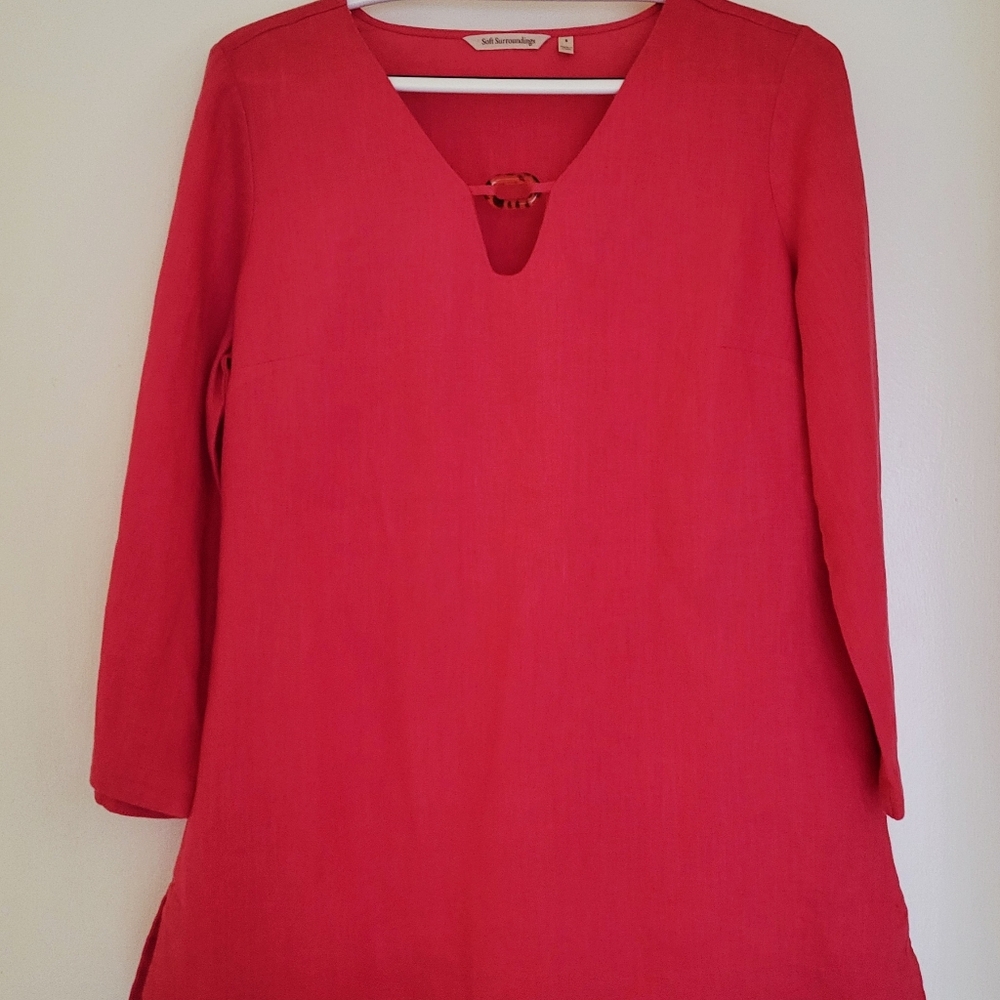Soft Surroundings Saja Linrn Tunic Womens S Bright Pink Tortoise Shell Accent
